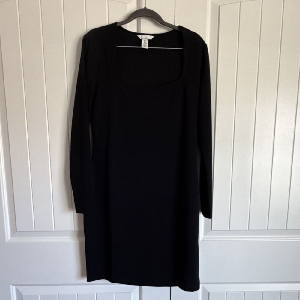 H&M Black Sheath Dress Long Sleeve Square Neck Knee Length Women's Size L